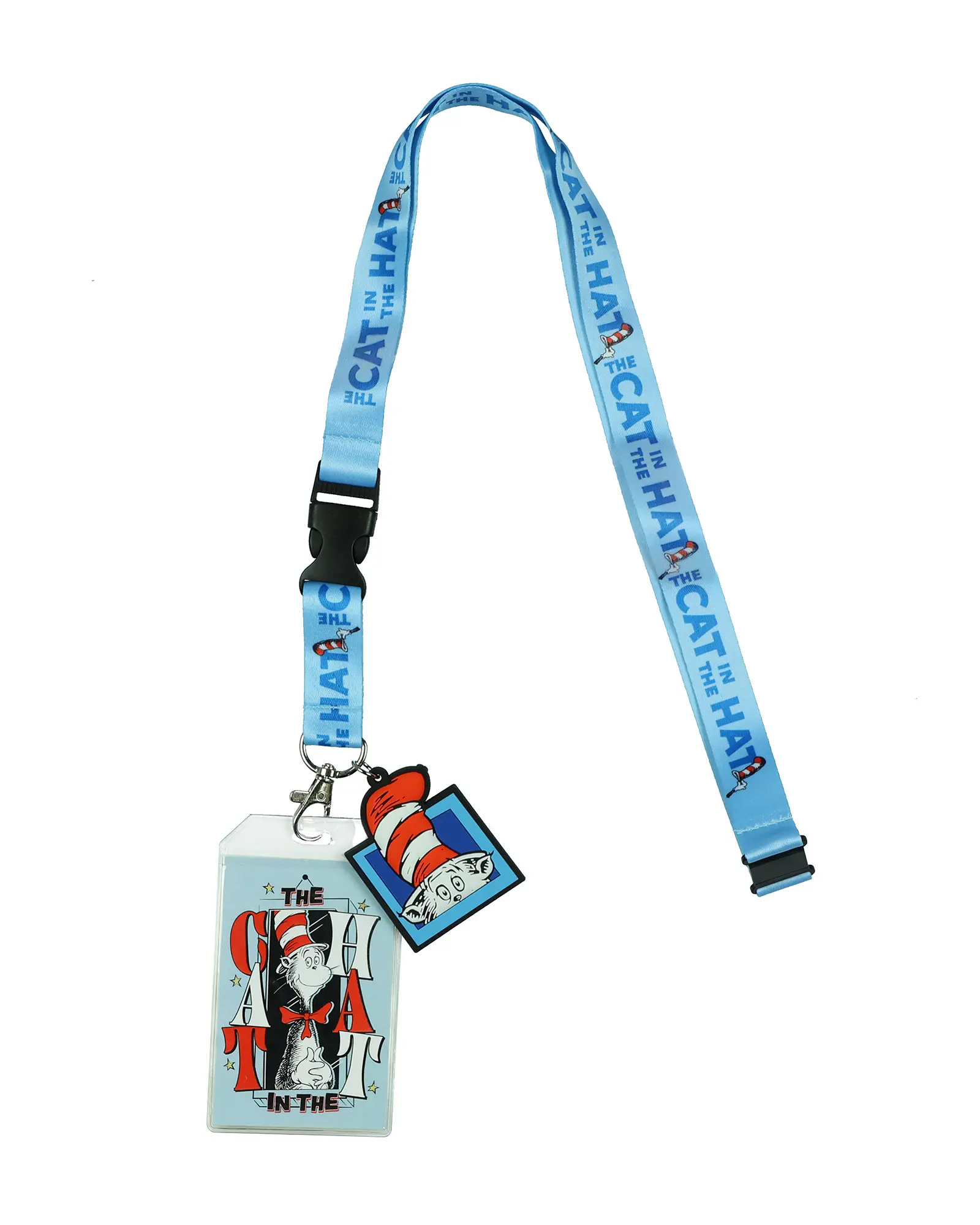 Dr. Seuss Cat In The Hat Breakaway Lanyard ID Badge Holder - Cute Neck Strap for ID Cards, Name Tag Lanyards, 2" Rubber Character Print Charm for Keys