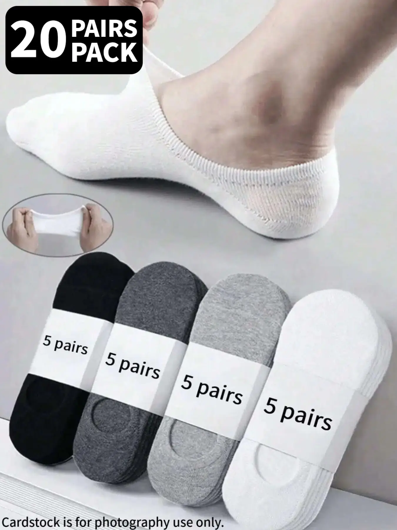 20 Pairs of Invisible Socks Sock Set Solid Black, White, and Gray Invisible Styles Elastic Cuffs Breathable and Sweat-Wicking Minimalist Basic Style Everyday Wear Breathable Comfy Socks Daily Wear Socks