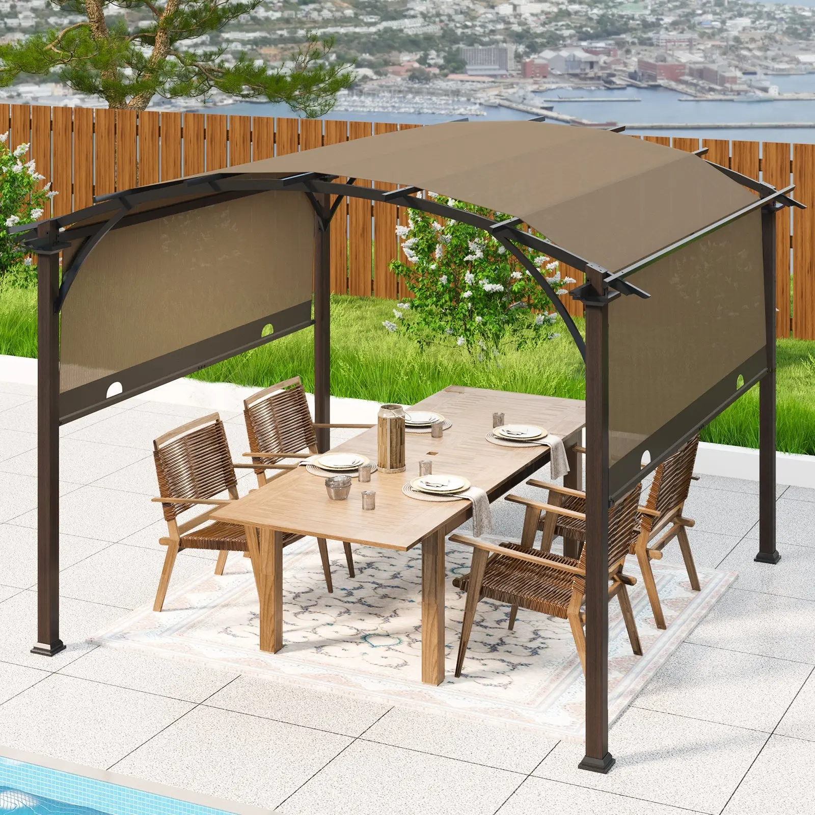 11.4x11.4 Outdoor Pergola with Retractable Textilene Sun Shade Top
