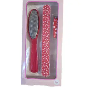 3 Piece Pedicure Set with Foot File, Red Nail File & Pink Heart Nail Clipper in Clear Packaging - Includes 3 Pieces