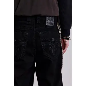 rr Women's Classic Arthur Baggy 1 Stretch Jeans - Black Denim with Leather Accents, Drape Fit, Embroidery Details, Functional Pocket, Stylish Leg Design, Everyday Bottom Pants