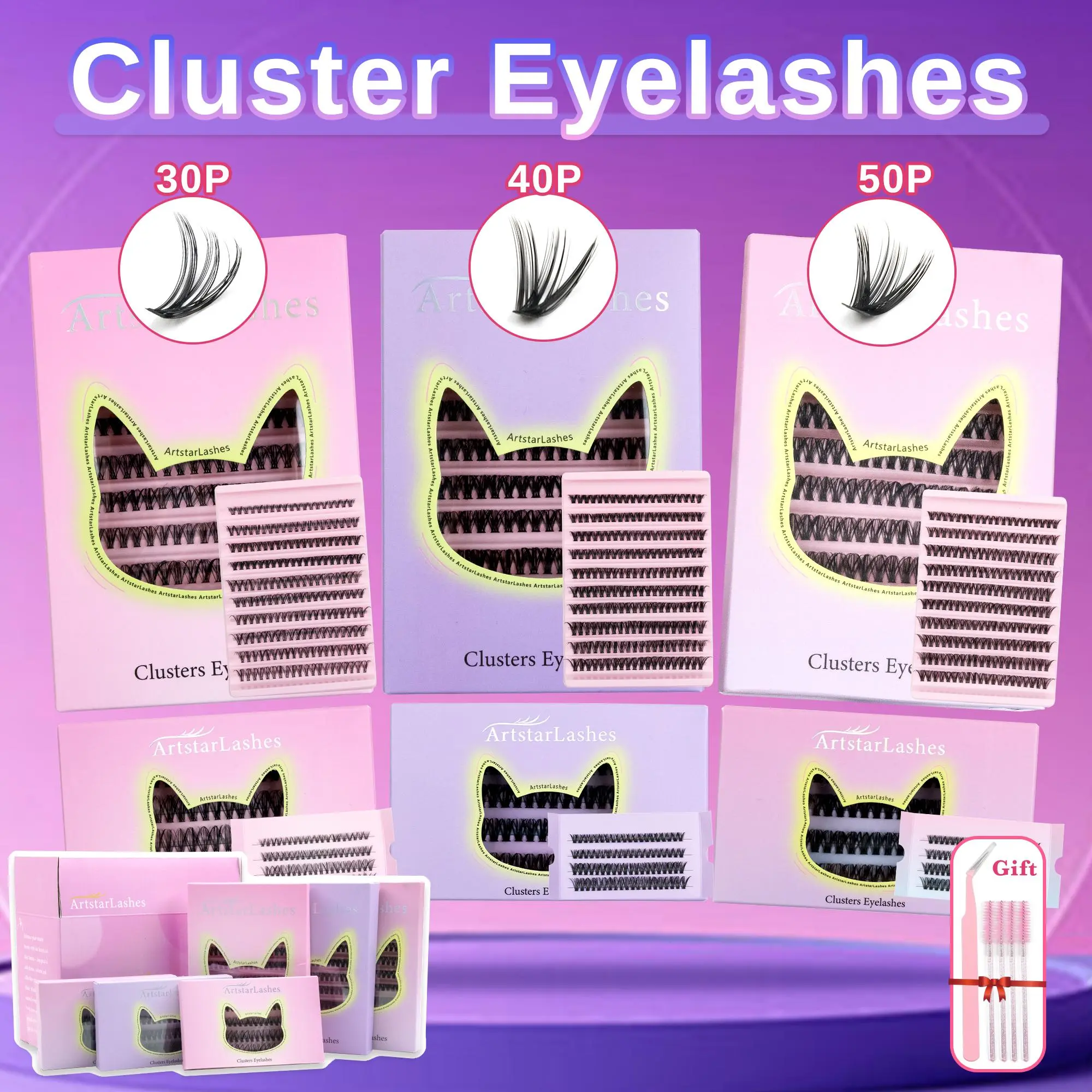 ArtstarLashes Lash Clusters Kit evil lash map clusters Natural DIY Lash Extension Kit 8-16mm D Curl Individual Lashes Cluster Soft Comfortable Waterproof Eyelash Clusters