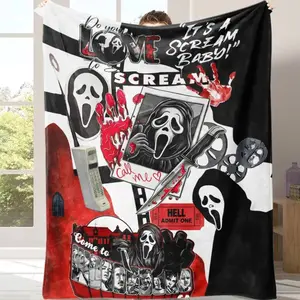 Scream Movie Ghostface Inspired Flannel Blanket Ultra Soft Cozy Warm Horror Movie Throw Blanket for Bedroom Couch Sofa Halloween Decor Spooky Movie Night Gift for Fans Viral Trending Style