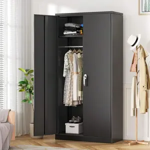 72" Black Metal Wardrobe Closet Locking Storage Cabinet With Doors And Shelves, Tall Steel Clothes Storage For Bedroom