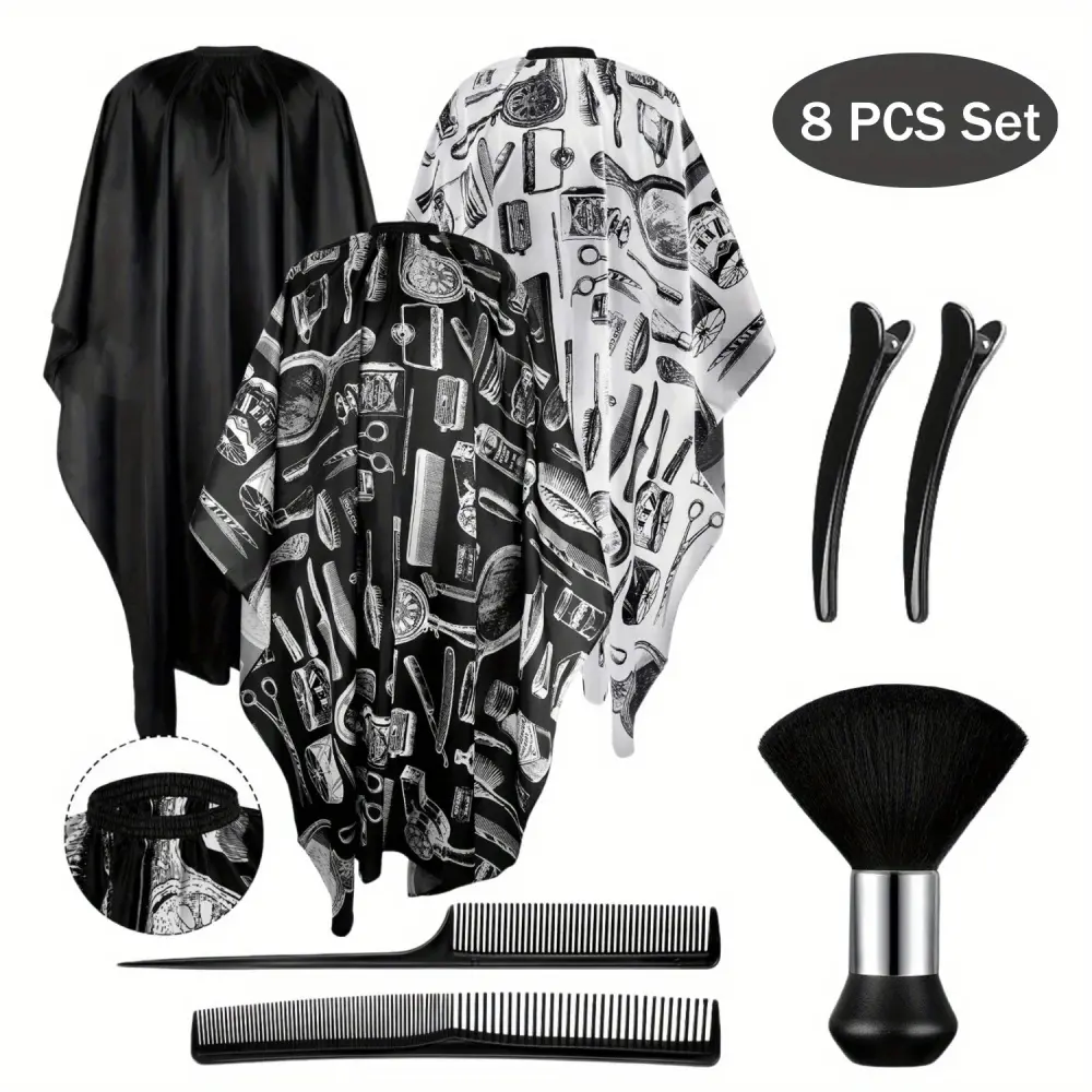 Professional 8-Piece Barber Set, Classic Hair Cutting Kit for Men & Stylists with Adjustable Snap Close Salon Cape, Neck Duster, Combs and Clips, Adjustable Fit, Barber Haircut Kit, 8 Pieces