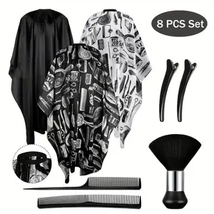 Classic Style 8pcs Barber Haircut Kit Set, Includes Salon Capes with Adjustable Snap Closure, Neck Duster, Brush, Clips, Combs, Heatless Haircare Accessories for Men's Hair Stylists, 8Pcs Set