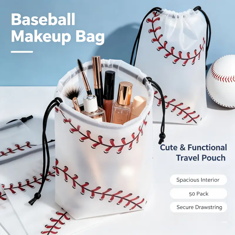 50 Pack Baseball Drawstring Bags – 6x8 Inch makeup Bags for Team Gifts, Birthday Parties & Sports Snack Storage, Durable Plastic Favor Pouches for Lash Techs, Client Kits & Beauty Business
