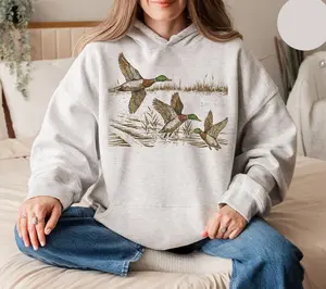 Retro Duck Hunting Hoodie, He Is Hunting Gift, Wild Animals Design Graphic Printed Unisex Hooded Sweater, Cool Streetwear