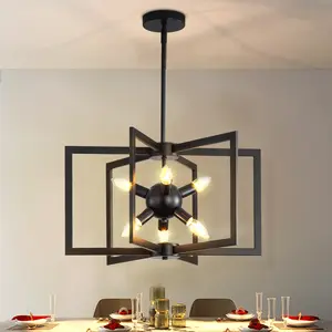 Farmhouse Black Chandelier for Dining Room, 6 Light Modern Geometric Pendant Lighting Fixture, Black Frame and Gold Socket, Bedroom, Living Room, Foyer, Entryway, D21XW21, Adjustable Height