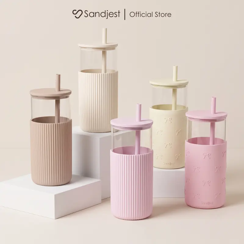 Sandjest 20oz Aesthetic Glass Cup with Silicone Sleeve & Straw, Reusable Mug for Hot/Cold Drinks, Ideal for Iced Coffee, Smoothies, Boba, Great Gift for Women Girls Birthdays Christmas Holidays #falldealsforyou