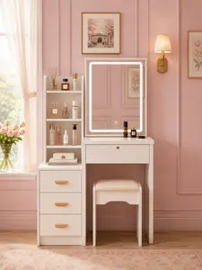 Modern White Makeup Vanity Desk with Large Mirror, 3-Color LED Lights, 4 Drawers, Hidden Storage & Stool, Compact Bedroom Vanity Station, Gift for Women