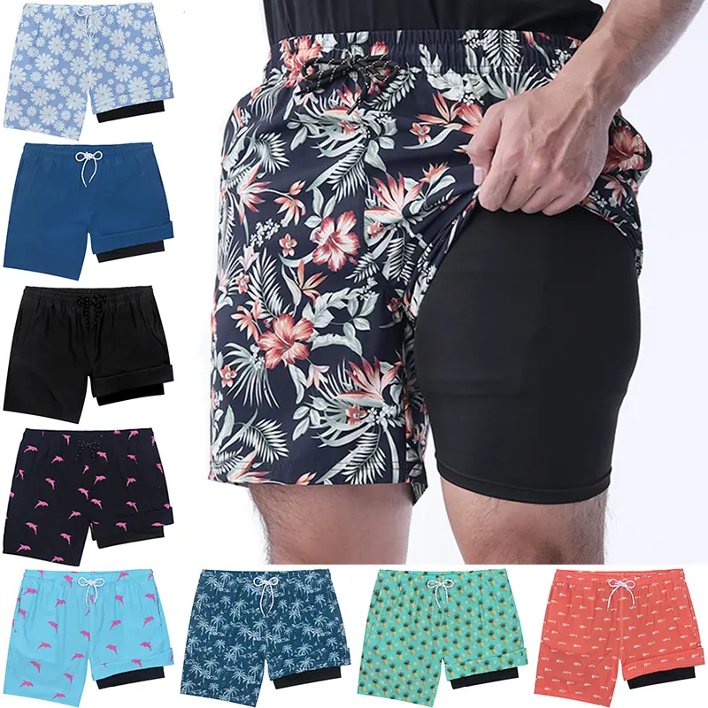 Men's 2-in-1 Swim Trunks with Compression Lining, Quick Dry 3D Print Above the Knee Shorts for Beach Outfits, Surfing, and Running, Swimsuits, Graphic, Uv-Protective, Swimmingshorts, Elastic Waistband, Polyester Blend, Adjustable Waist, Beach & Surf, Quic