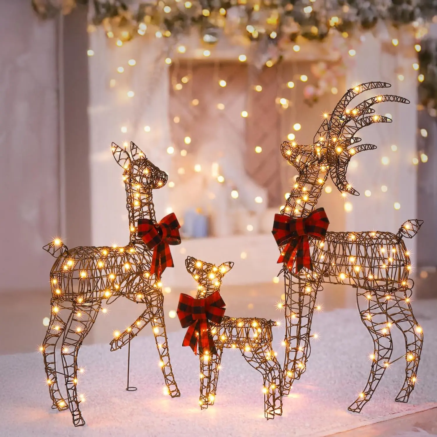 4FT 3-Piece Brown Rattan Lighted Christmas Reindeer Family Set - 210 Warm White LEDs, Plaid Bow, Rustproof Metal, Weather Resistant Outdoor/Indoor Yard Decor, Woodland Scene Accent, Brown Rattan Reindeer