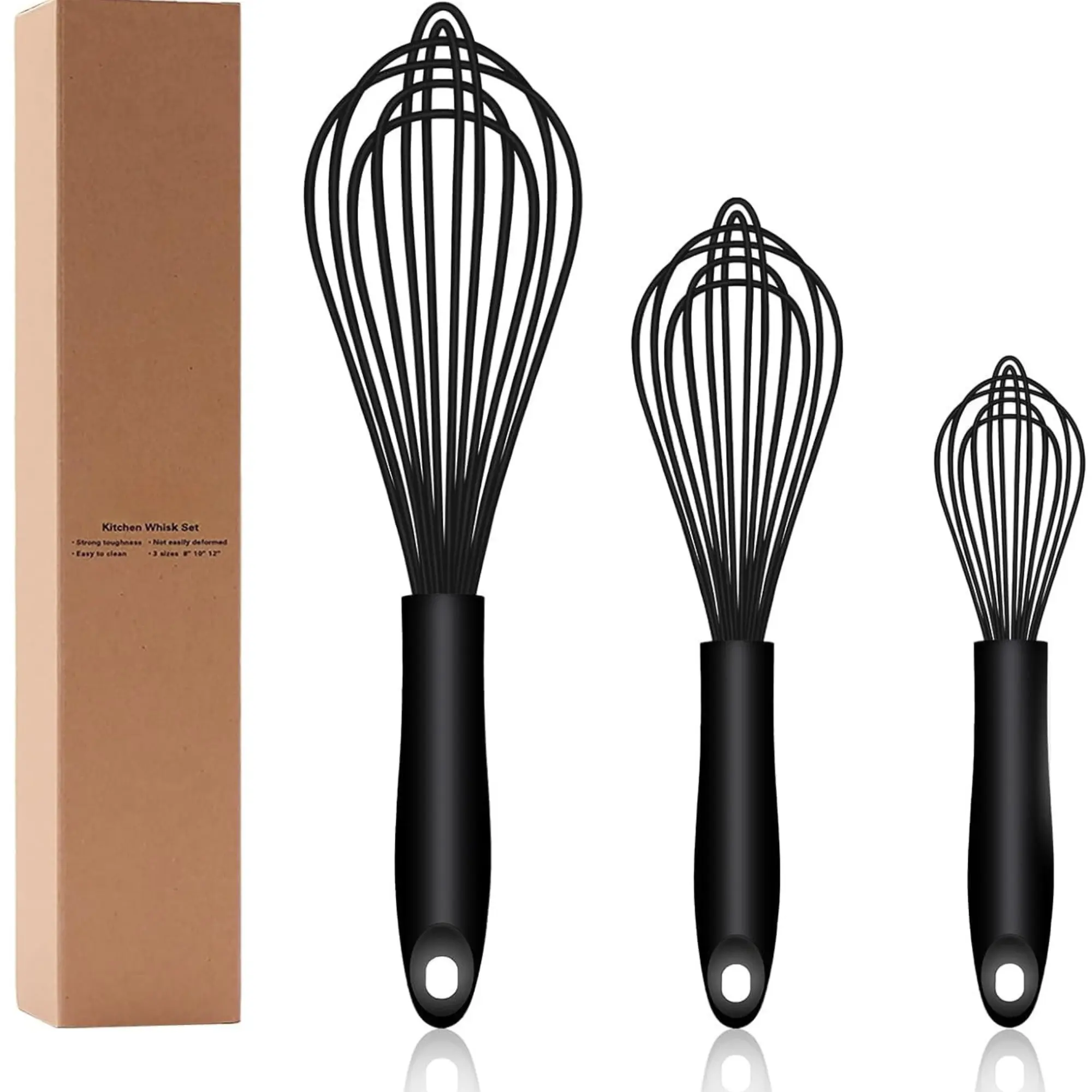 Set of 3 Silicone Whisk Dishwasher Safe, Sealed Waterproof Design, Professional Kitchen Whisks for Cooking Non-Scratch, Silicone & Stainless Steel Whisk, Heat Resistant Balloon Egg Beater, Black