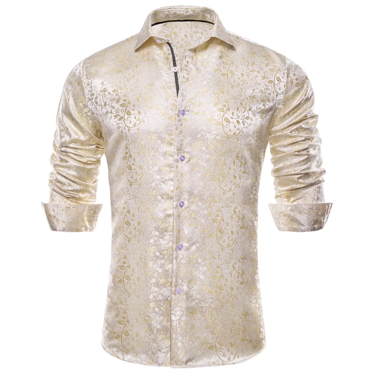 Men's Champagne Gold Floral Print Dress Shirt - Slim Fit Longsleeve Button-Down, Lightweight Gentleman Style Top for Formal Attire & Dances, Menswear, Collared, Longsleeves