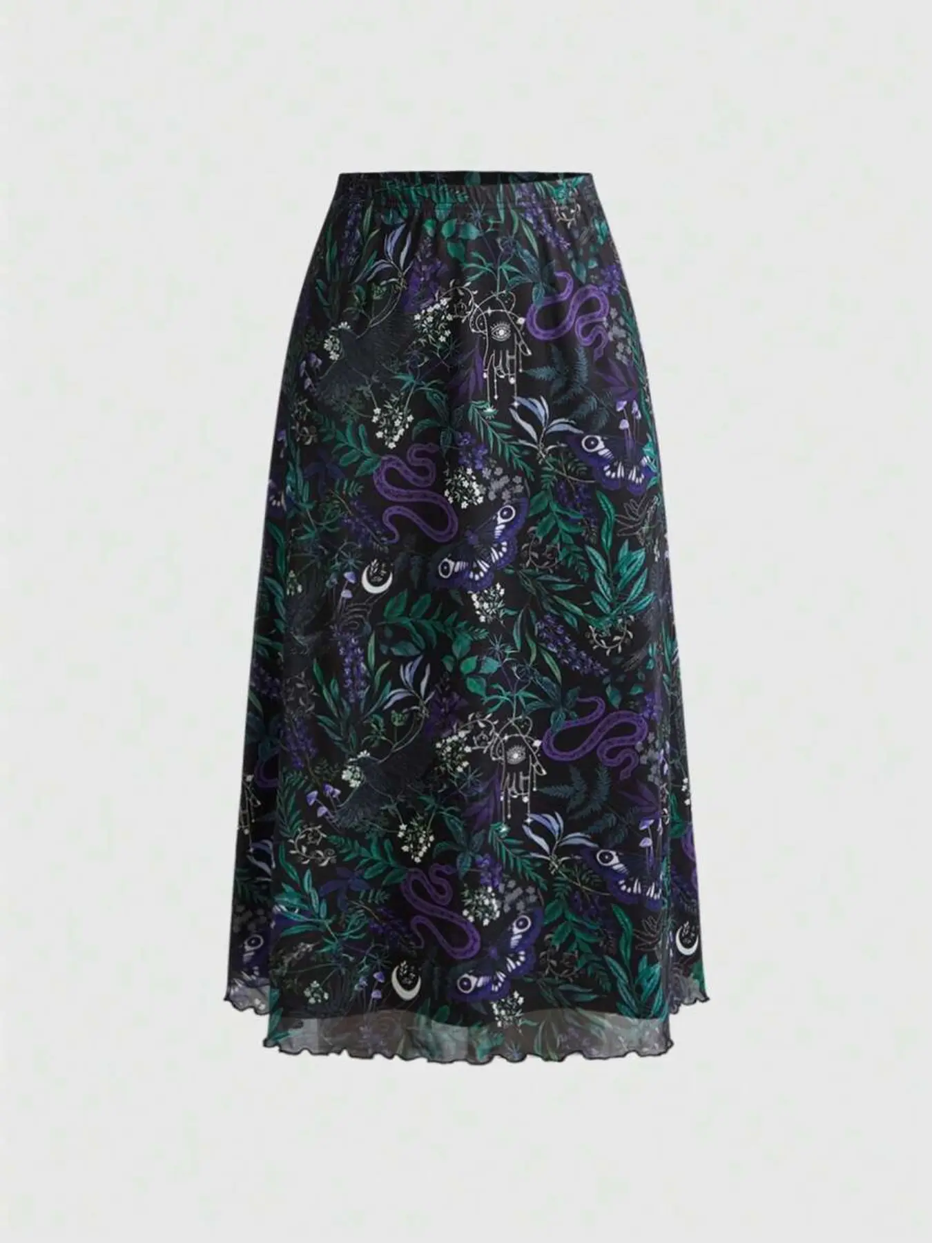 Women's Vintage Vacation Style Bird Grass Snake Print Unique Prints Mesh A-Line Skirt, Gothic Butterfly Print Punk Half-Sleeve Dress for Spring Summer Aesthetic Womenswear, Vintage Boho Skirt