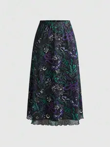 Women's Vintage Vacation Style Bird Grass Snake Print Unique Prints Mesh A-Line Skirt, Gothic Butterfly Print Punk Half-Sleeve Dress for Spring Summer Aesthetic Womenswear