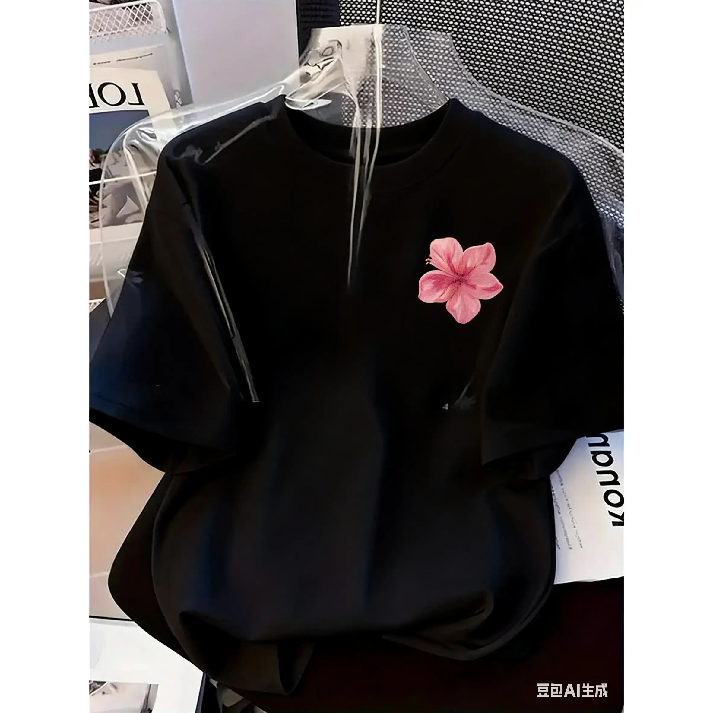 Fitted Fashion T-Shirt - Crew Neck Short-Sleeve, White Pink Flower Print, Casual Party Clothes, Sports Outerwear for Daily Streetwear, Women's Clothes