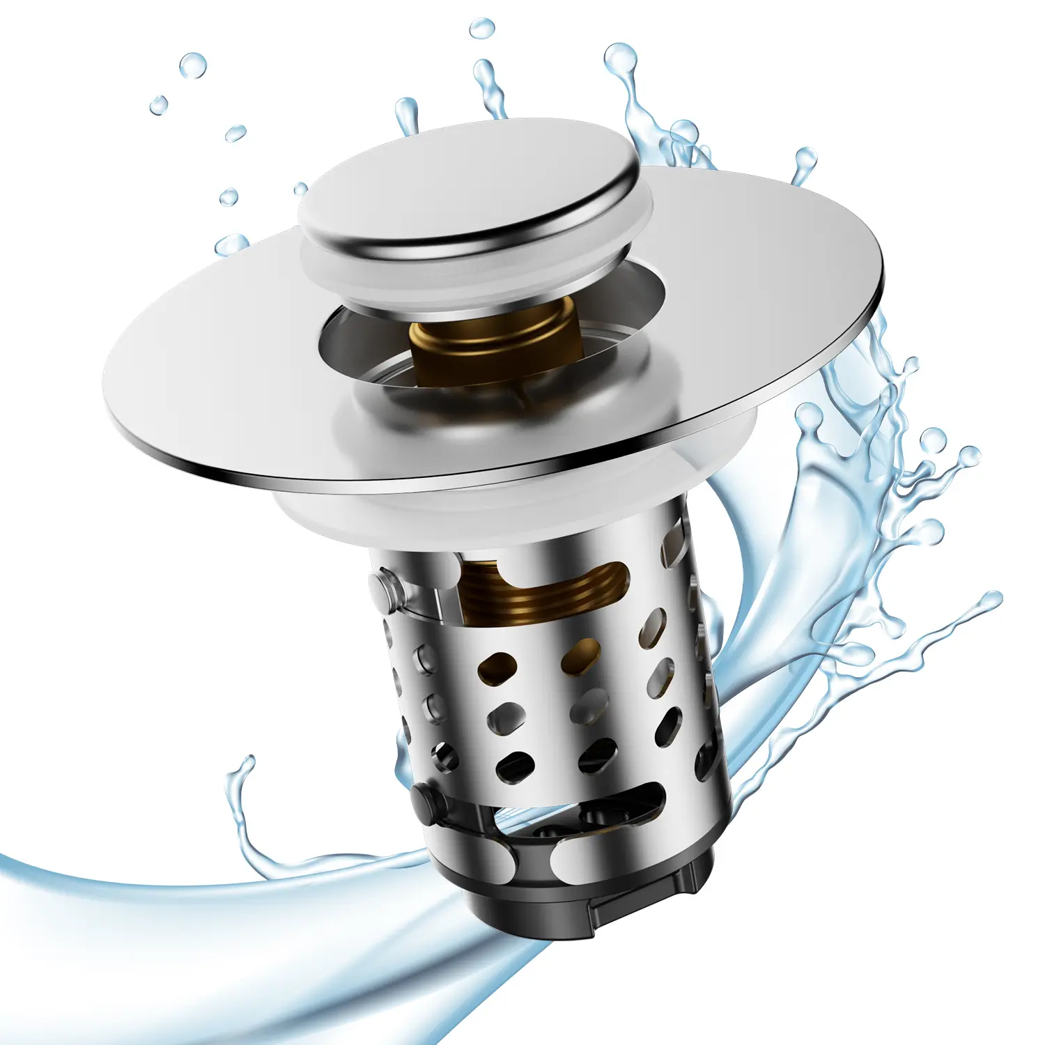 Stainless Steel Modern Bathroom Accessory Universal Pop-Up Sink Stopper, Anti-Clogging Drainage Plug for 1.1”-2.36” Drain Holes with Detachable Hair Catcher Filter Basket