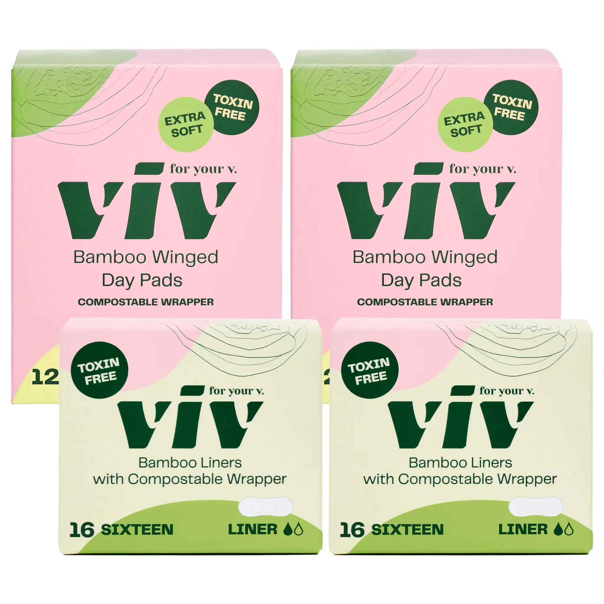 Viv Pad & Liner Combo Box - 100% Toxin-Free Bamboo Winged Menstrual Pads & Panty Liners, Extra Soft, Ultra Absorbent, Hypoallergenic Sanitary Napkin, Day or Night Feminine Hygiene Period Protection