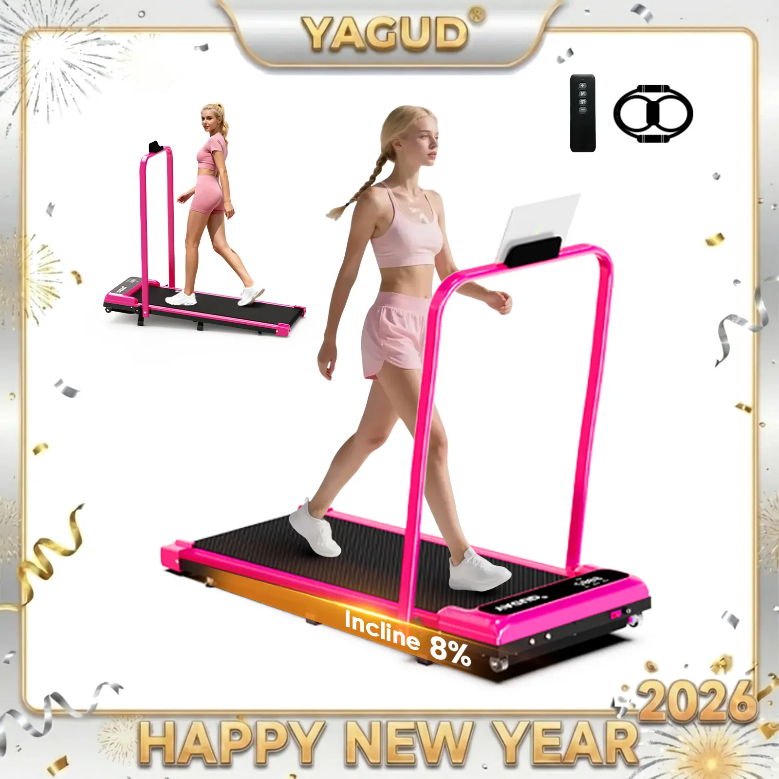 YAGUD Folding Treadmill, Quiet Motor, 300lbs Capacity, Dual Shock Absorption, Remote Control, Easy to Move, Bonus Resistance Bands