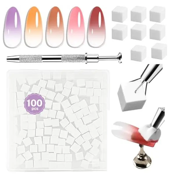 JODSONE 100PCS Soft Nail Sponges for Ombre with 1 Stainless Grabbing Pen Professional Gradient Nail Sponge Tool Nail Art Gradient Designs Blush Nail Art