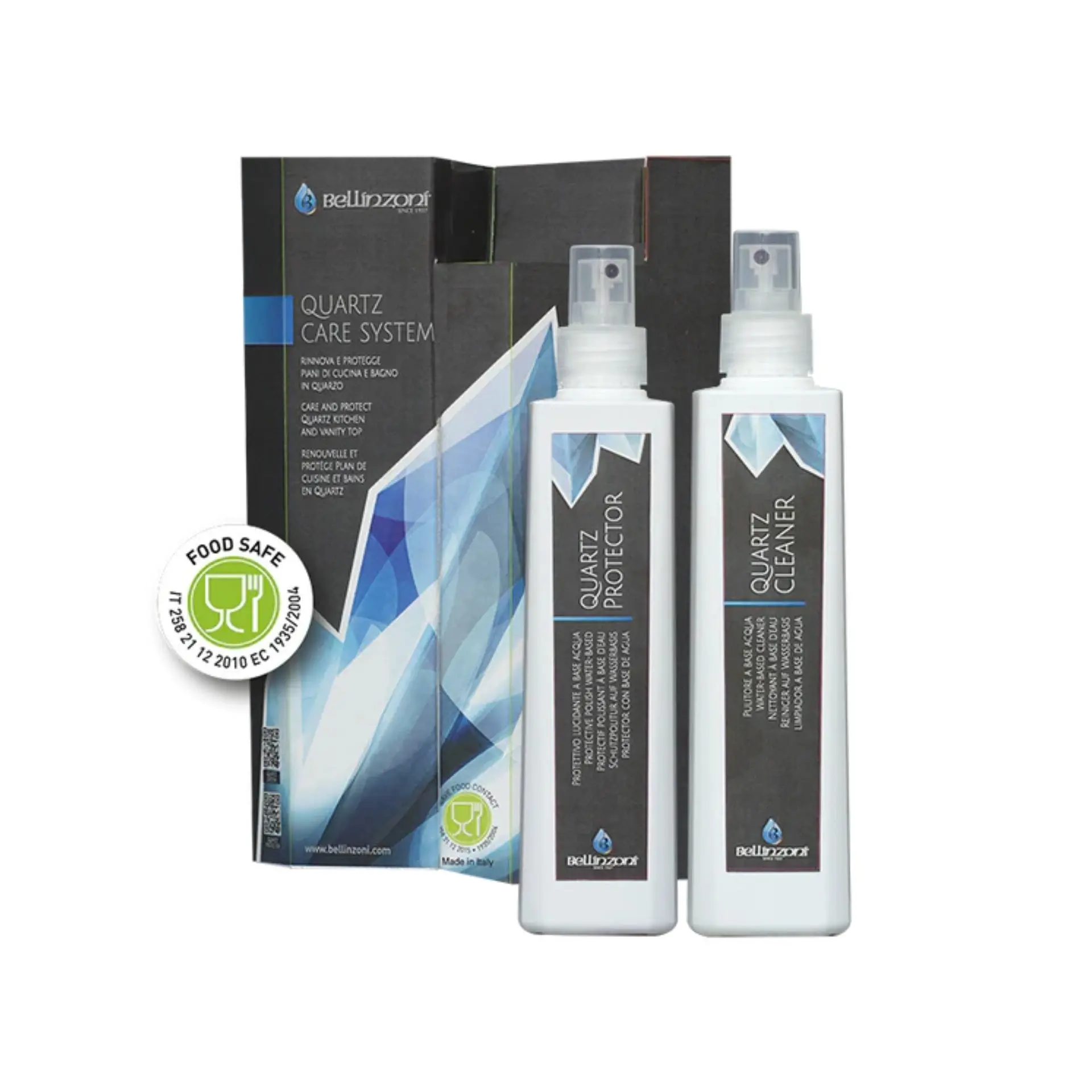 Bellinzoni Quartz Care System Kit - Household Cleaner for Quartz Kitchen & Vanity Tops, Includes 2×250 mL Solutions & Cleaning Cloth