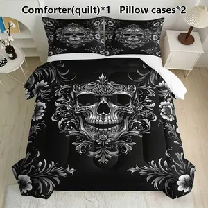 Ornate Sugar Skull Floral Bedding Set, 1 Comforter & 2 Pillowcases, Gothic Bedroom Decor, Unique Home Textiles
