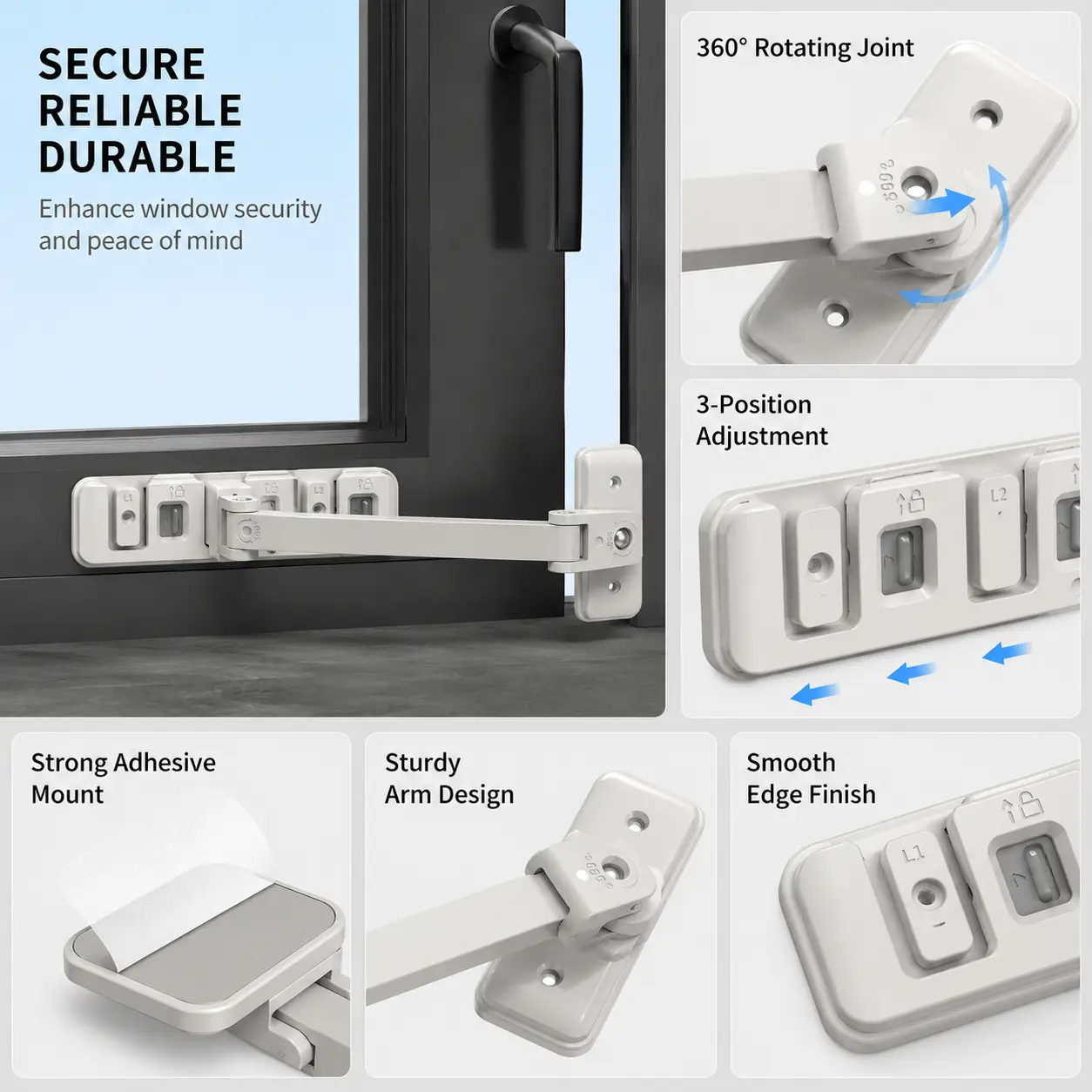 Household 1-Piece No-Drill Safety Lock for Doors/Windows/Cabinets, 3-Position Adjustable, 360-Degree Rotatable, 165mm, Foam Adhesive Mount, No-Drill Installation