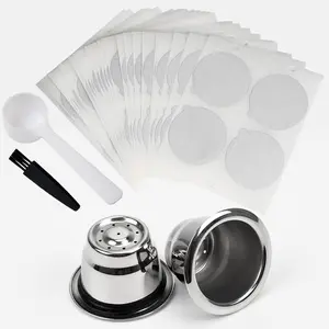 1 Set Reusable Espresso Capsules Refillable Coffee Pods Stainless Steel Cups Filters Compatible for Nespresso Original Line Machines with Aluminum Foil Seals Stickers Lids (2 Cups+100 Lids),Hand Tools Kits