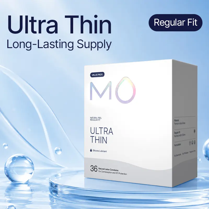 MO Ultra Thin 100% Natural Rubber Condoms for Men Value Pack (36 pcs) - 0.04mm Silicone-Enhanced Sensation, pH-Balanced Formula, Regular Secure Fit, Soft Flexible Design, Smooth, Comfortable, Universal Size, Minimal Barrier