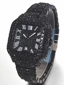 Men's Diamond Square Watch, Hip Hop Full Drill Wristwatch, Roman Numeral Dial, Trendy Personalized Men's Watch, Elegant Square Dial, Rhinestone Watches, Quartz Analog Watch, Rhinestone Embellished Watch, Stylish Watch