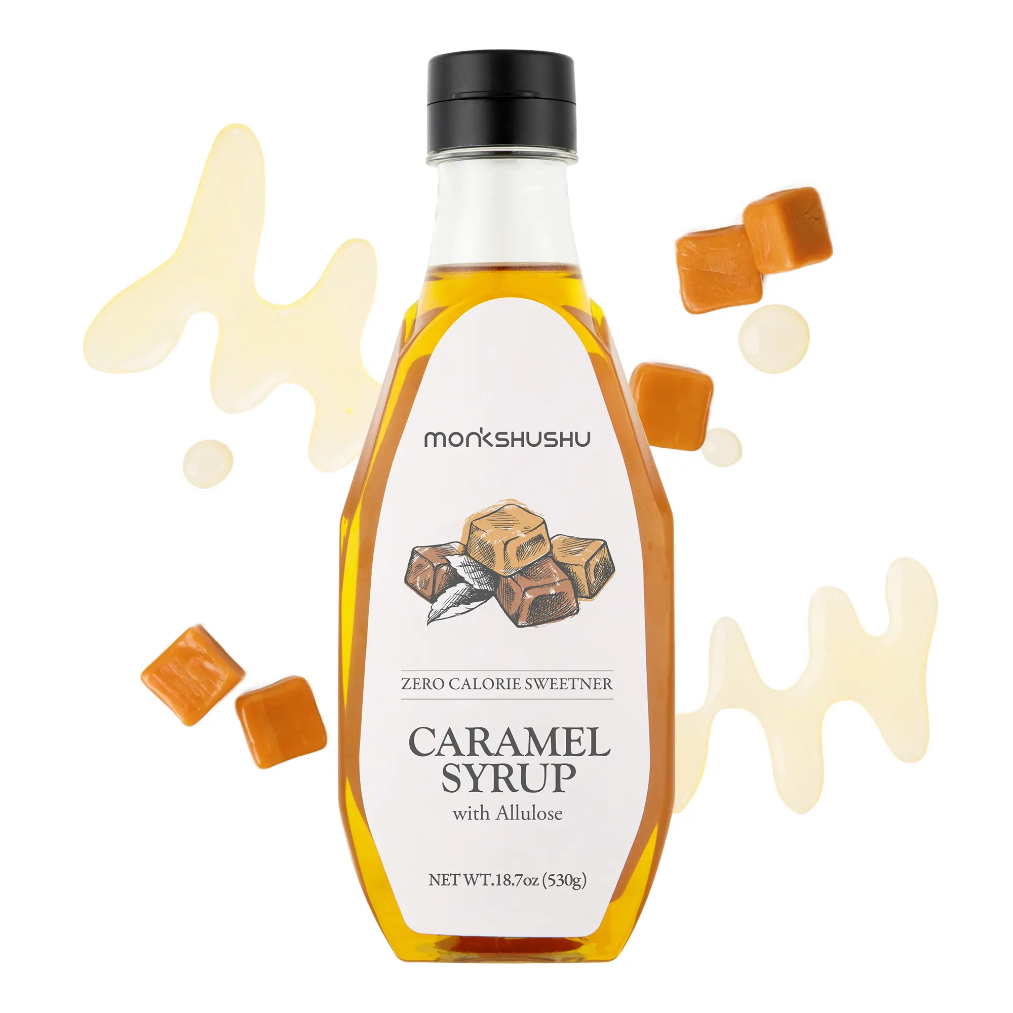 MONKSHUSHU Caramel Allulose Syrup 18.7 Fl Oz - Zero Calorie Liquid Sweetener for Coffee & Drinks - Keto-Friendly, Vegan, Gluten-Free, Sugar-Free, Monk Fruit, 0g Net Carbs, Non-GMO