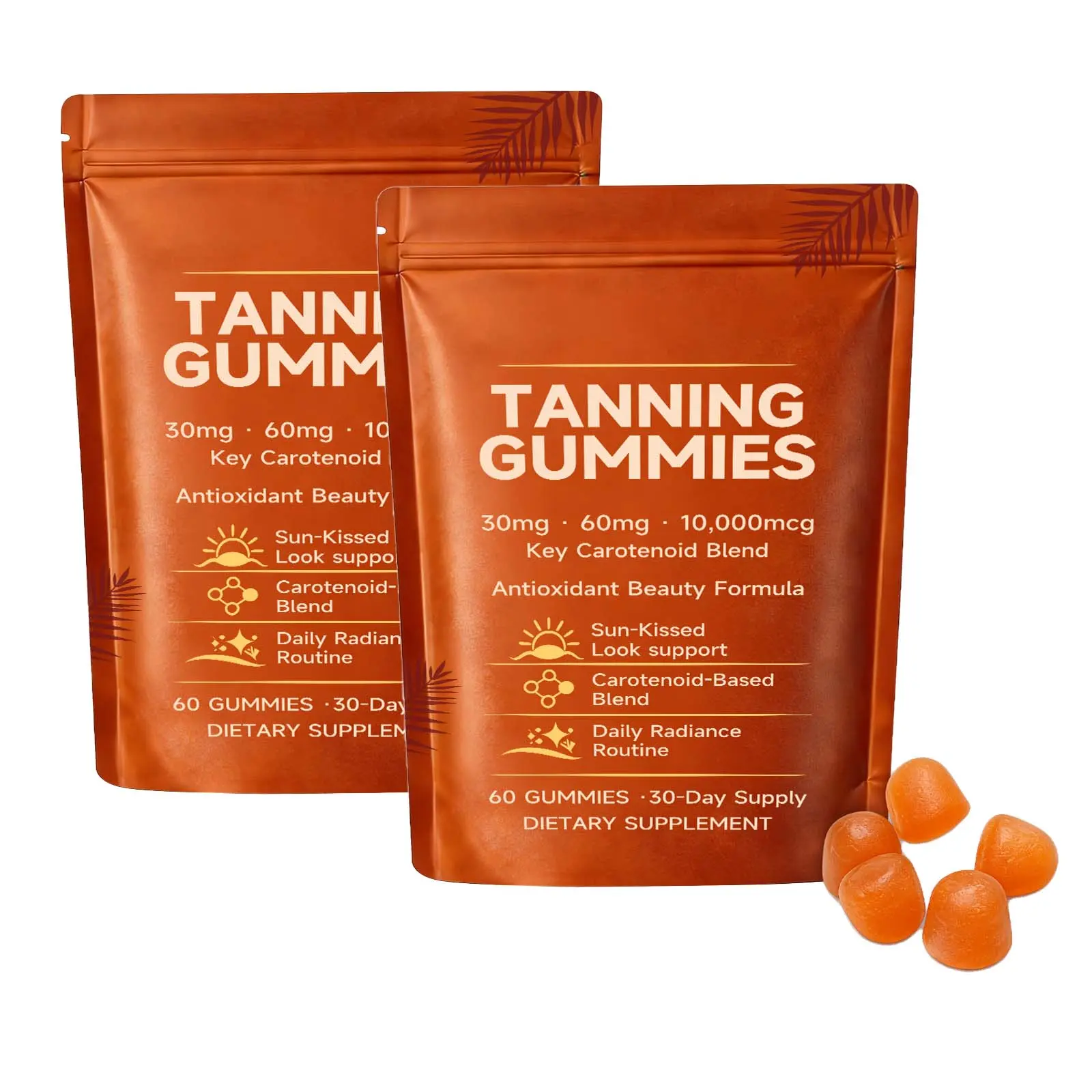 Vegan AZ Tanning Gummies Tanning Aid (2 Bags, 60 Pieces) - Astaxanthin, Beta-Carotene & Hyaluronic Acid Skin Care Supplement, Youth-Boosting, Non-GMO, Sugar Free, Supports Natural Glow & Daily Radiance, Fruit
