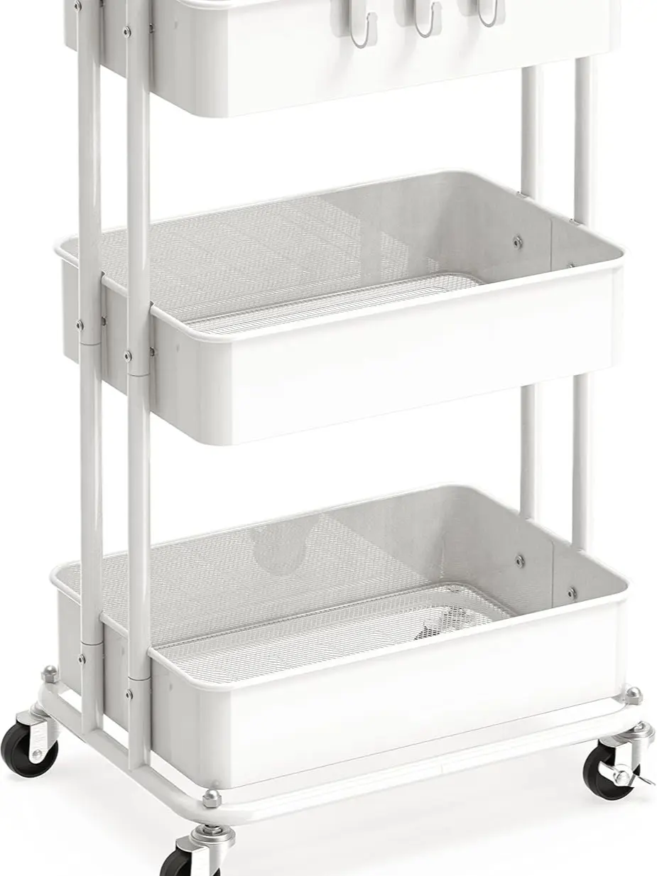 3-layer practical cart with lockable wheels, metal multifunctional storage, kitchen, office, living room, makeup, crafts, art studio, pink or white