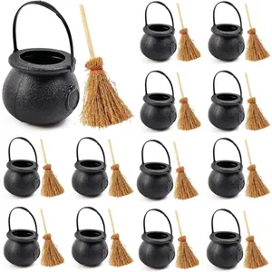 24PCS/Set Mini Plastic Cauldron with Mini Witch Brooms, Witch Calderon Pot Black Buckets with Handle for Kids Halloween Candy St. Patrick's Coins Holder & Party Favors