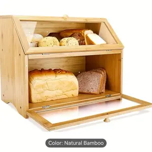Double Layer Large Bread Box for Kitchen Counter, Wooden Large Capacity Bread Storage Bin (Natural Bamboo)
