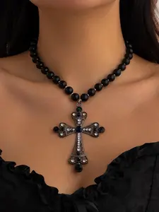 Rhinestone Decor Gothic Cross Pendant Necklace for Women, with Beads Design, Punk Style Jewelry for Party, Daily Decor, Trendy All-match & Exquisite Jewelry for Birthday Gift