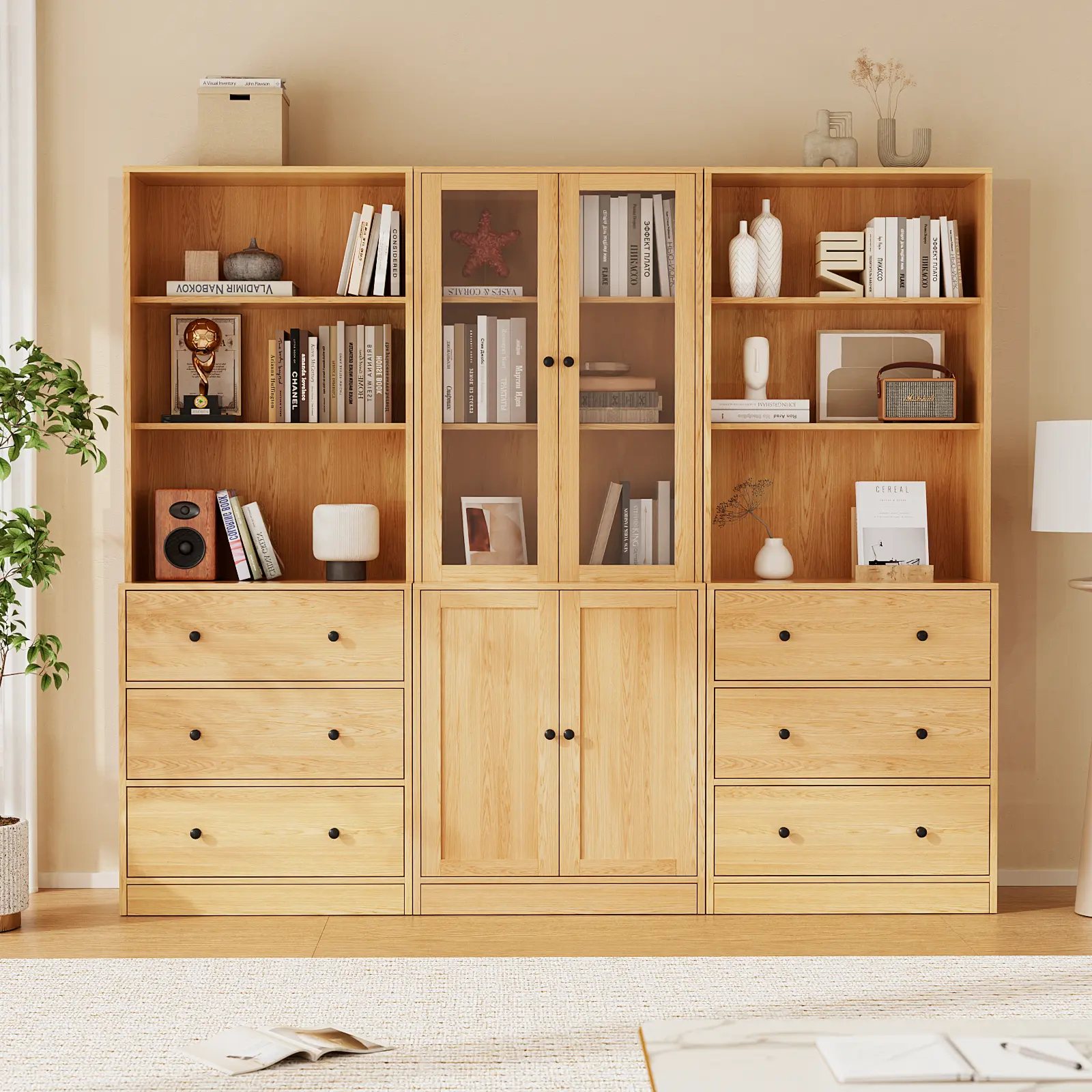 VOWNER Modern Storage Cabinet with Glass Doors & Drawers, 3-Tier Bookshelf Display Cabinet, Buffet Cabinet Organizer for Living Room, Dining Room & Home Office, Wood