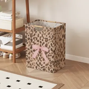 Tiger Print Bowknot Open Storage Box, Foldable Laundry Basket with Handle, Home Bathroom Collapsible Clothes Organizer Bucket