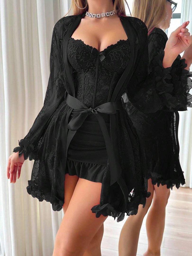 2 pcs Lingerie For Women Womens Lace Bodysuit Sexy Nighty Mesh Sleepwear V Neck Chemise Nightgowns