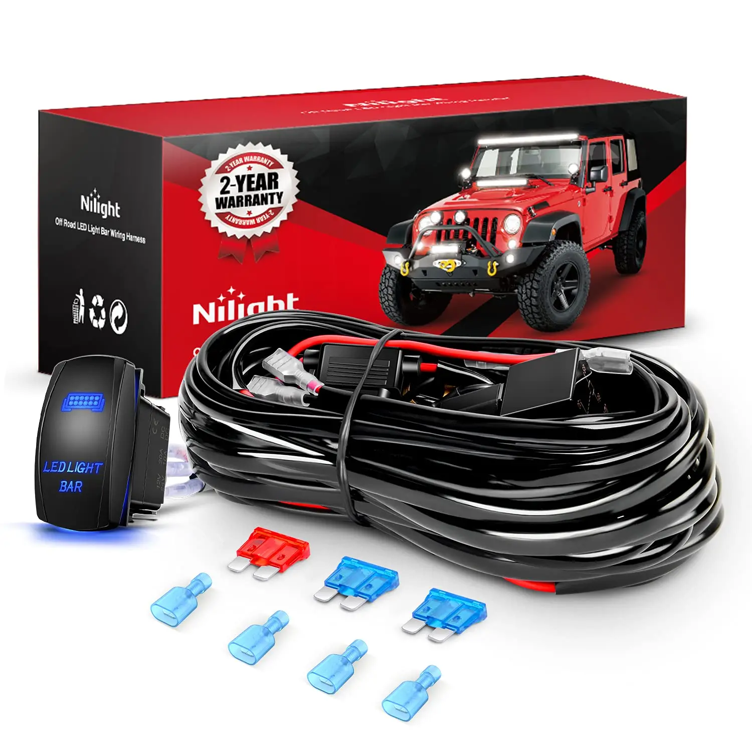 Nilight 16AWG Wiring Harness Kit - 2-Lead LED Light Bar, 12V 5-Pin Rocker Switch, Automotive Relay, Blade Fuse, Black Lighting Plug with Water-Resistant Lid for Off-Road Vehicles, Boats