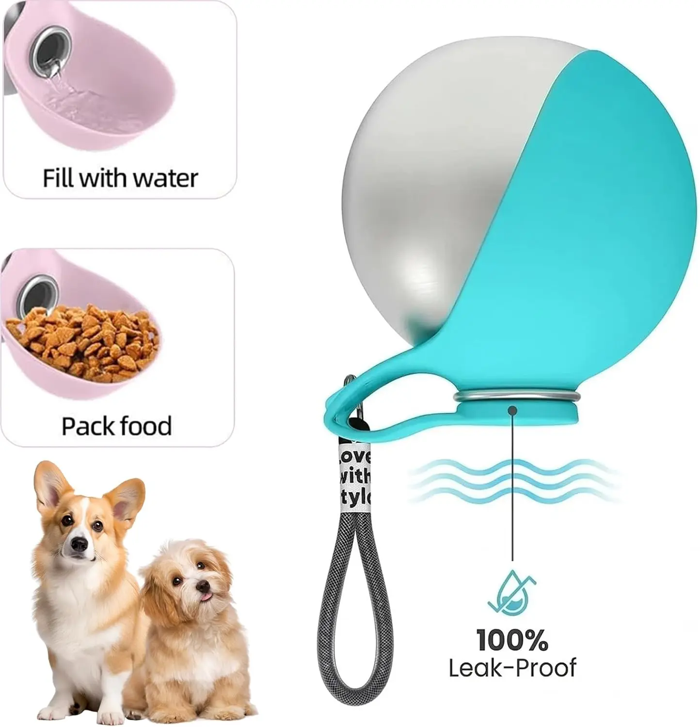 Portable Dog Water Bottle, 10oz Stainless Steel Travel Dog Water Dispenser with Built-In Bowl, No-Spill Pet Water Bottle for Walking, Hiking, Travel and Small Dogs
