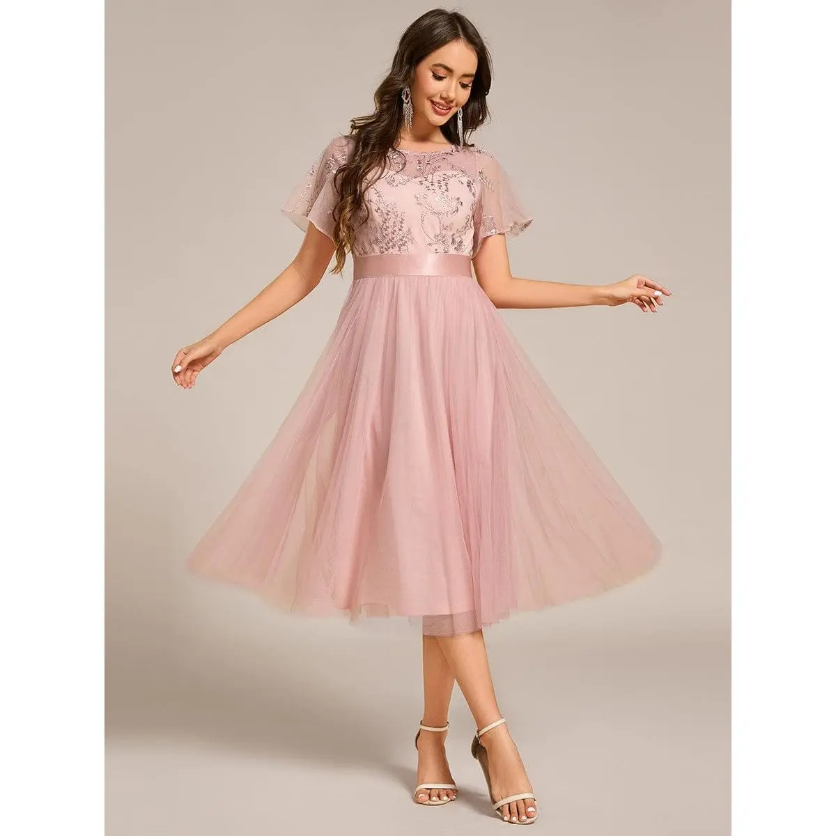 EVER PRETTY Women's Chic Satin-Embellished Tulle & Lace Junior Bridesmaid Dress, A-Line High Waist Fitted Tea Length with Sheer Short Sleeves & Zipper