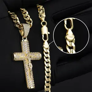 Auravelle 14K Real Gold-Plated Cuban Chain, Figaro Chain, Miami Cross Chain, With Jesus Christ Cross Pendant, Length 24Inch, Width 6Mm, Hand-Polished And Multi-Electroplated For Daily Wear