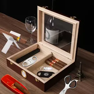 Locking Cigar Humidor Set, Glass Lid, Men's Desktop Cigar Rack, Portable Travel Case, Small Desktop Moisture Box, Wooden Storage Box
