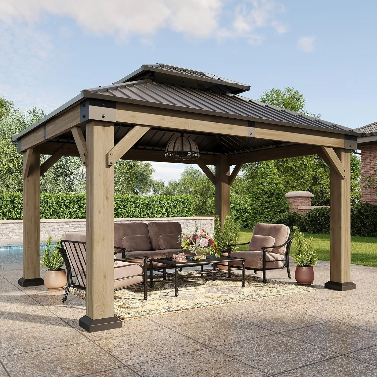 Aoxun Permanent Cedar Wood Gazebo - 10'x10'/12'x10' Outdoor Enclosure Garden Building, Galvanized Steel Double Hardtop, Grey Patio/Garden Furniture, Enclosure Garden Buildings