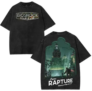 Bioshock would you kindly big daddy green art horror fsp game movie Game Washed Tshirt 2 Sided Cotton unisex Streetwear Tops graphic tee