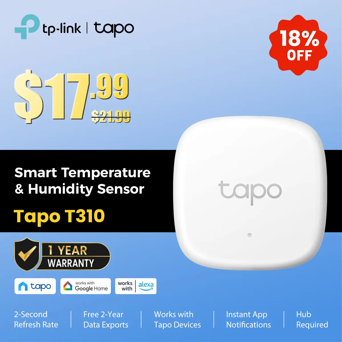 TP-Link & Tapo T310 Smart Temperature & Humidity Sensor – Swiss-Made ±0.54 °F / ±3 % RH Accuracy, Real-Time App Alerts, 1-Year CR2450 Battery, Free 2-Year Data Export, Home Automation  #SummerWins #DealsForYouDays