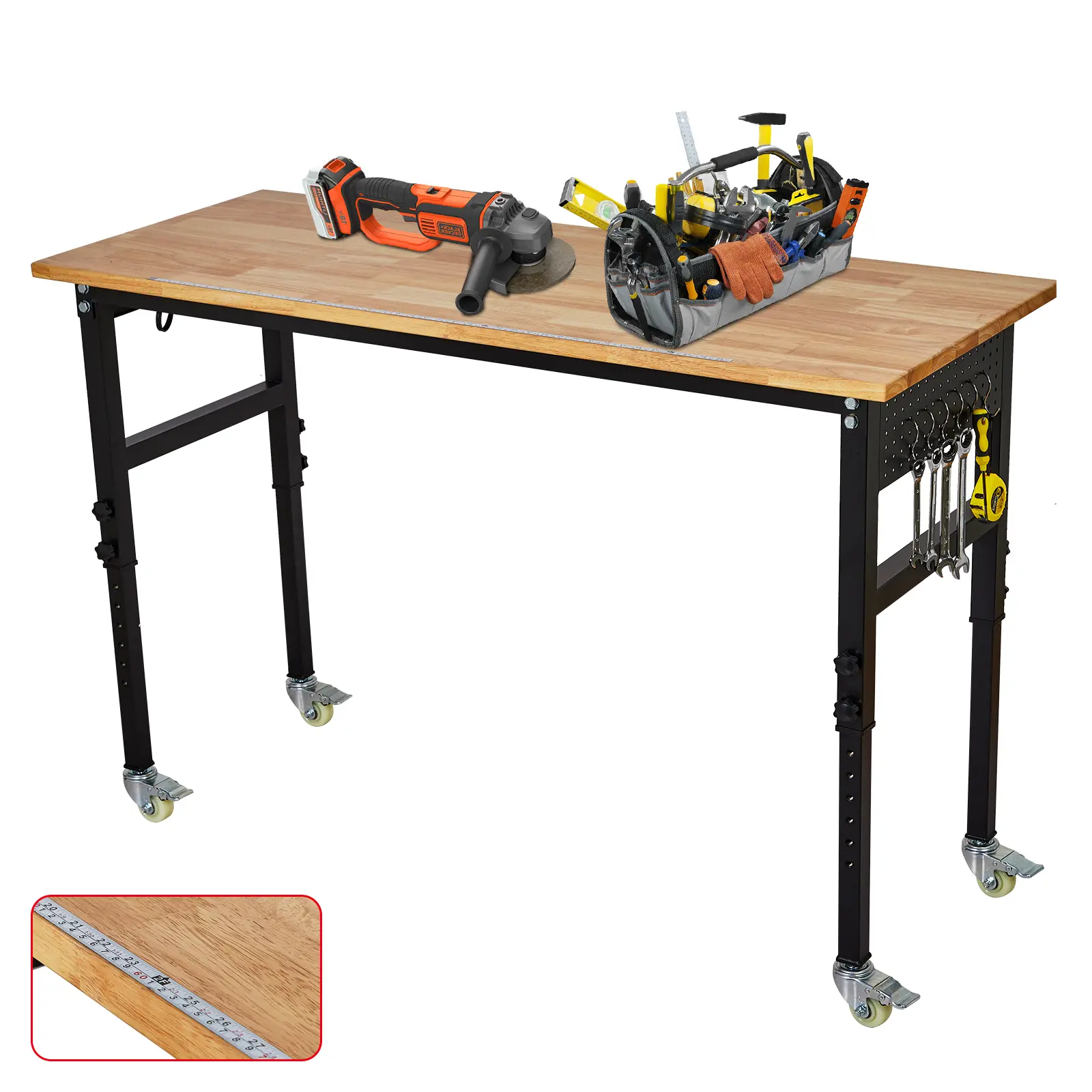 Roll a heavy-duty adjustable workbench into your garage, with 48" or 60" rubberwood top, 2,200 lbs capacity, built-in power outlets, pegboard, and locking wheels. Link in bio.
